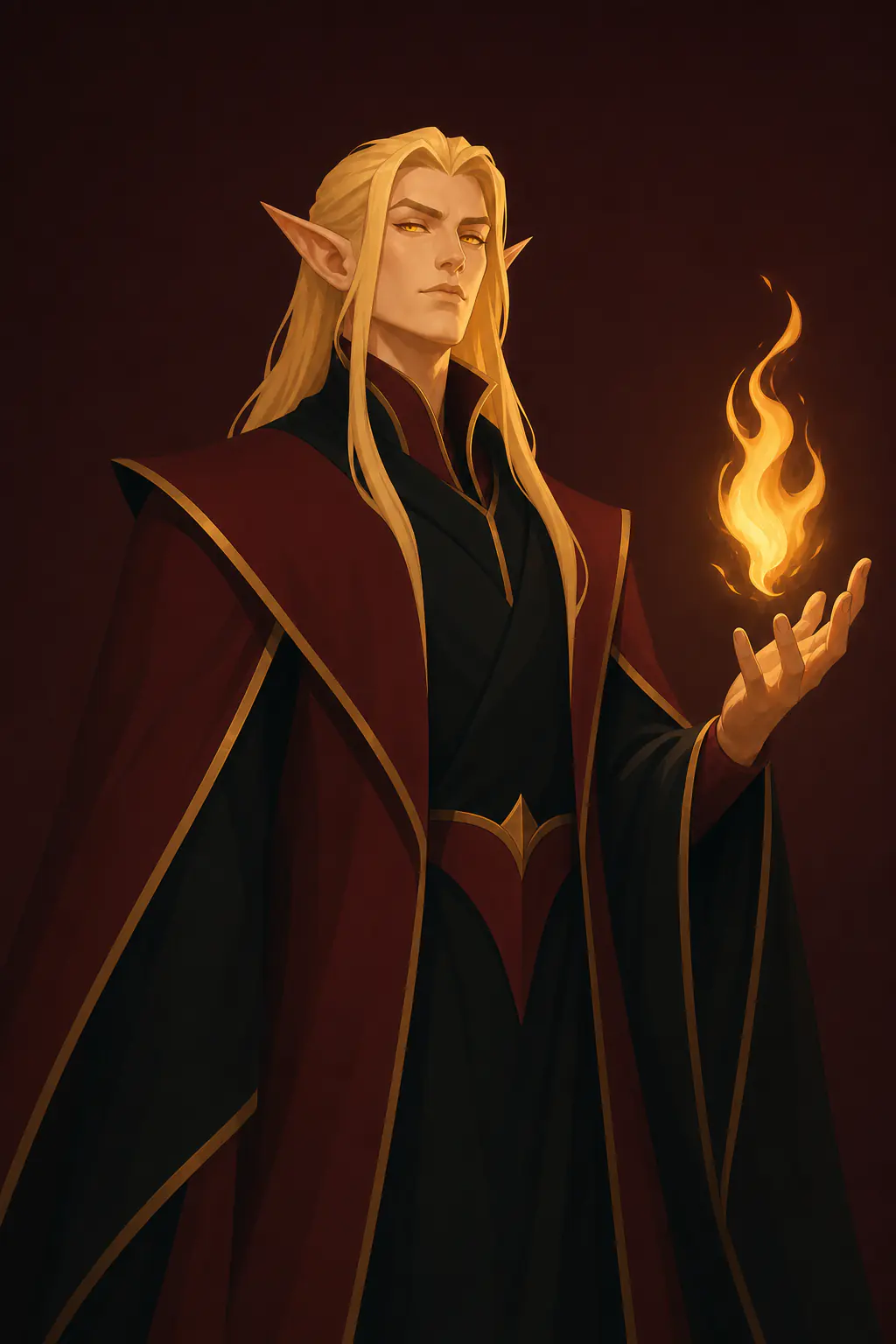 A blond Blood Elf in crimson and black robes holding golden fire