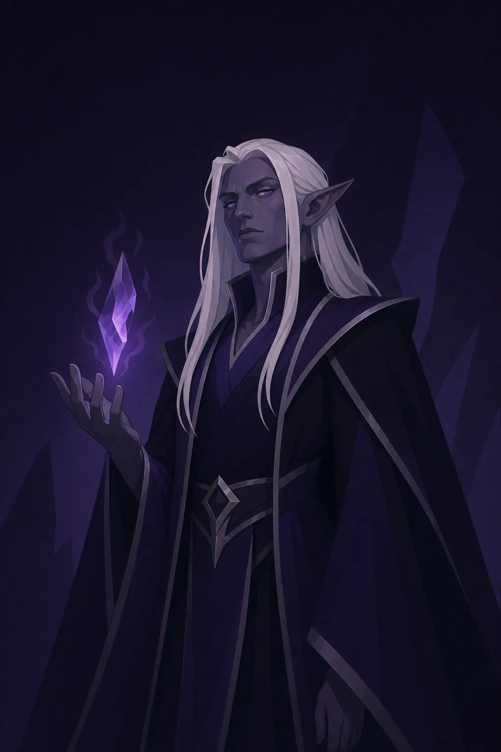 A white-haired dark elf mage in indigo robes conjuring violet crystal magic