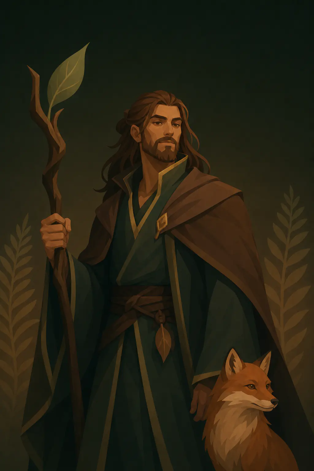 A bearded druid in green robes carrying a wooden staff beside a fox