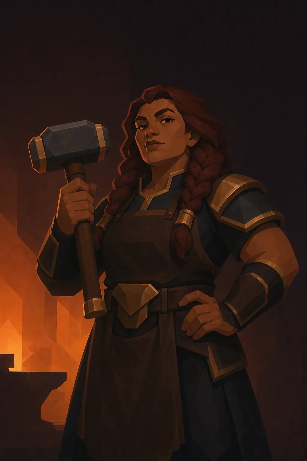 A braided dwarf smith in bronze-trimmed armor holding a forge hammer