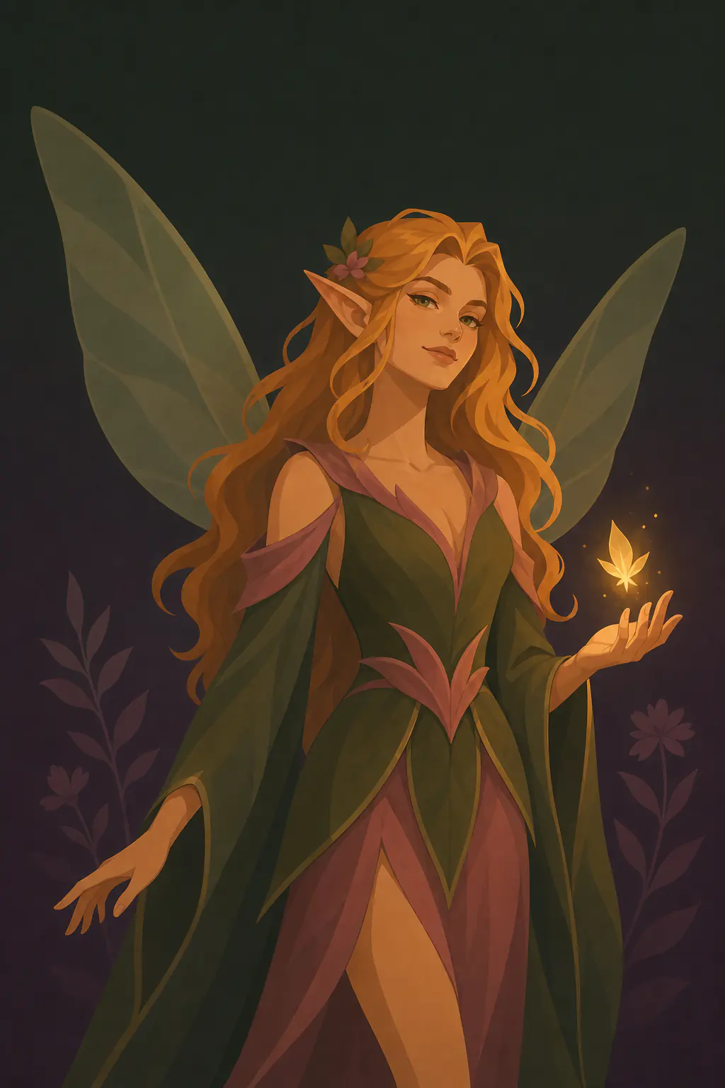 A copper-haired fairy in woodland robes holding a warm magical light