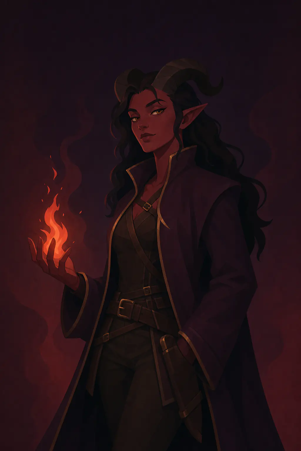 A red-skinned tiefling adventurer with curled horns conjuring ember flame