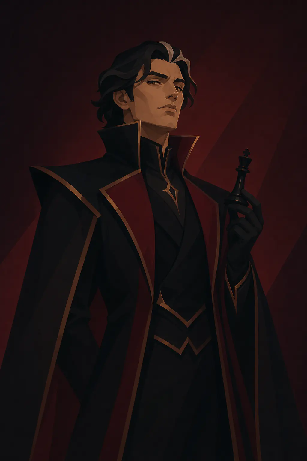 An elegant villain in black and crimson holding a chess king